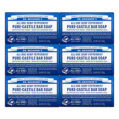 Dr. Bronner's - Pure-Castile Bar Soap (Peppermint, 5 ounce, 6-Pack) - Made with Organic Oils, For Face, Body & Hair, Gentle & Moisturizing, Biodegrad