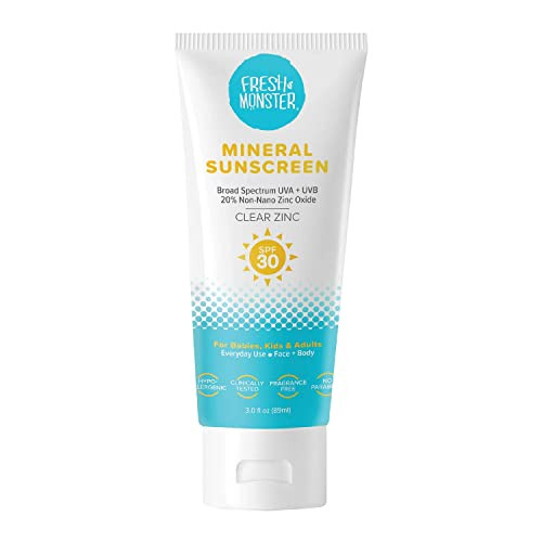 Fresh Monster Daily Kids Sunscreen, SPF 30 UVA/UVB, Clear Non-Nano Zinc Oxide Mineral Sunscreen, Face & Body Sunscreen, Reef Safe, Hypoallergenic Sun