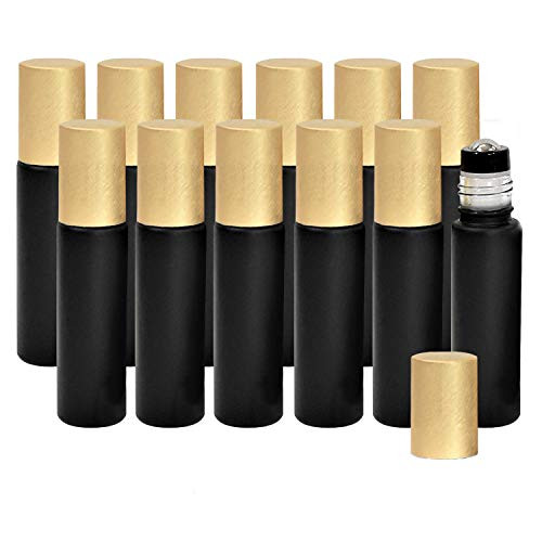 Essential Oil Roller Bottles, Black 10ml Leakproof Rollers  Thick Black Glass with Brush Gold Lid, Updated Stainless Steel Roller Ball Insert for Oi