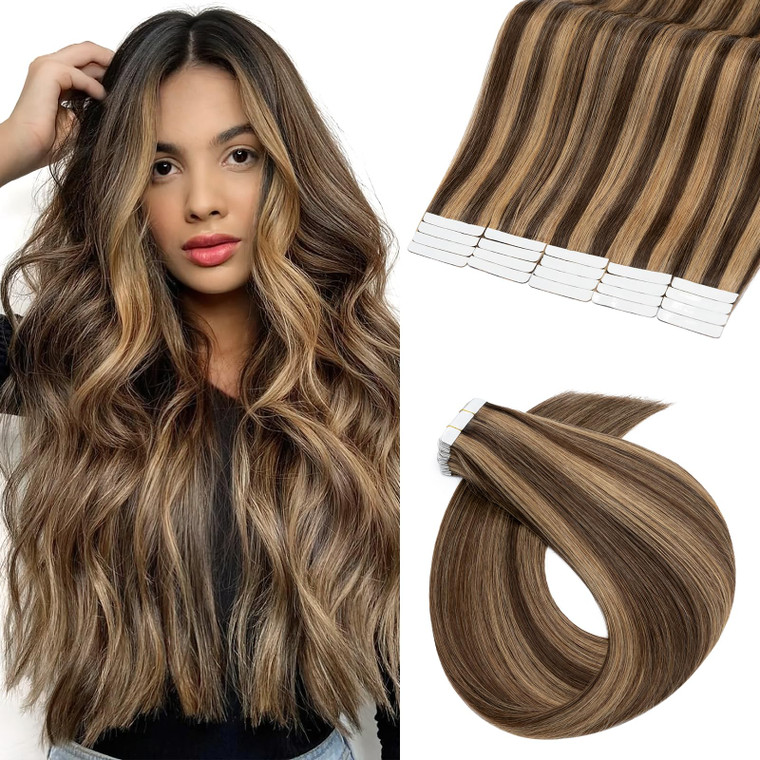 Benehair Remy Tape in Hair Extensions Human Hair Medium Brown&Dark Blonde Seamless Skin Weft Tape in Real Human Hair Extensions Straight Hair 12 Inch