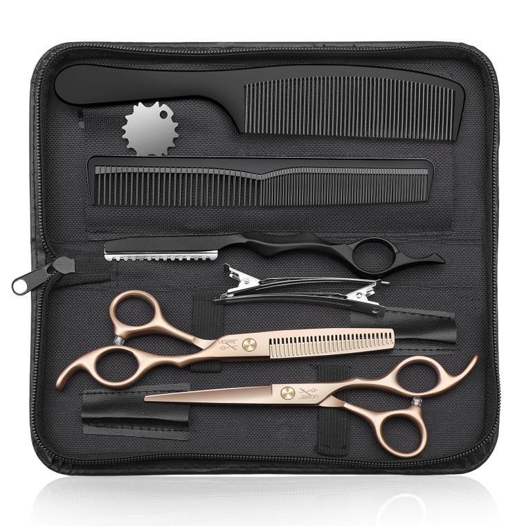 JASON Professional 10-Piece Haircut Scissors Set - 6.7" Thinning Texturizing Scissors, Straight Shears for Men, Women & Home Salon (30 Teeth, Rosegol