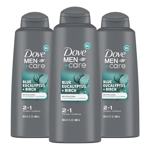 DOVE MEN + CARE 2 in 1 Shampoo Conditioner Eucalyptus + Birch 3 Count For Healthy-Looking Hair Naturally Derived Plant Based Cleansers 20.4 oz