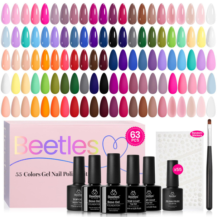 Beetles Spring Gel Nail Polish Set - Vibrarnt Holiday 55 Colors Gel Polish Kit with 5 Pcs Base Glossy Matte Top Coat UV LED Soak off Nail Polish Red