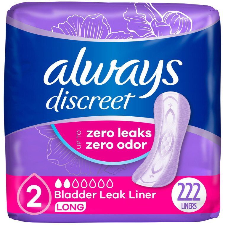 Always Discreet Incontinence Panty Liners for Women with Bladder Leaks, Size 2, Very Light Absorbency, Long Length, 111 CT x 2 Packs (222 Total Count