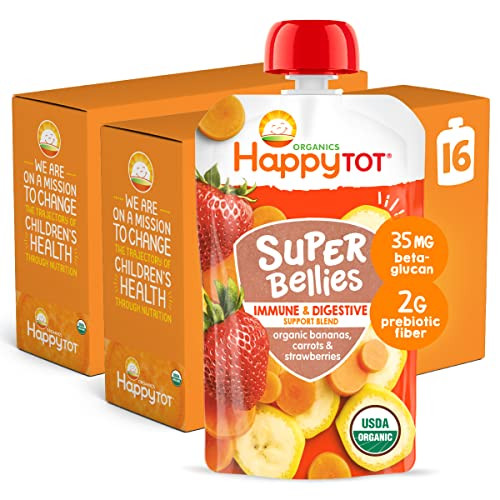 HAPPYTOT Organics Stage 4 Baby Food Pouches, Gluten Free, Vegan Snack, Super Bellies, Fruit & Veggie Puree, Banana, Carrot & Strawberry 4 Ounce (Pack