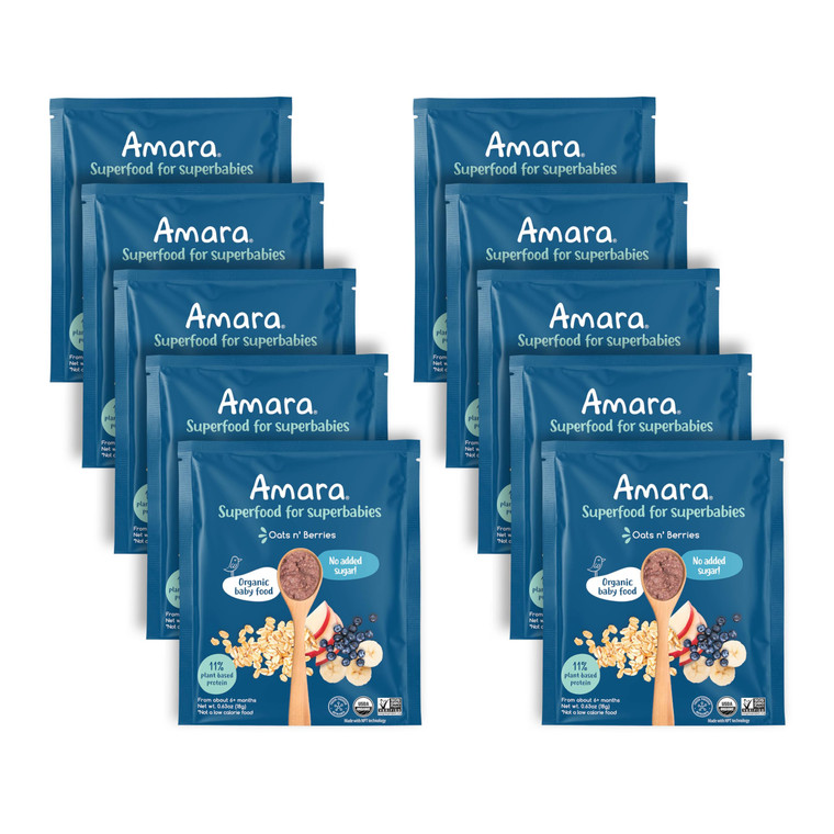 Amara Organic Baby Food | Oats and Berries | Baby Cereal to Mix With Breastmilk, Water, or Baby Formula | Baby Food Pouches, Made from Organic Fruit
