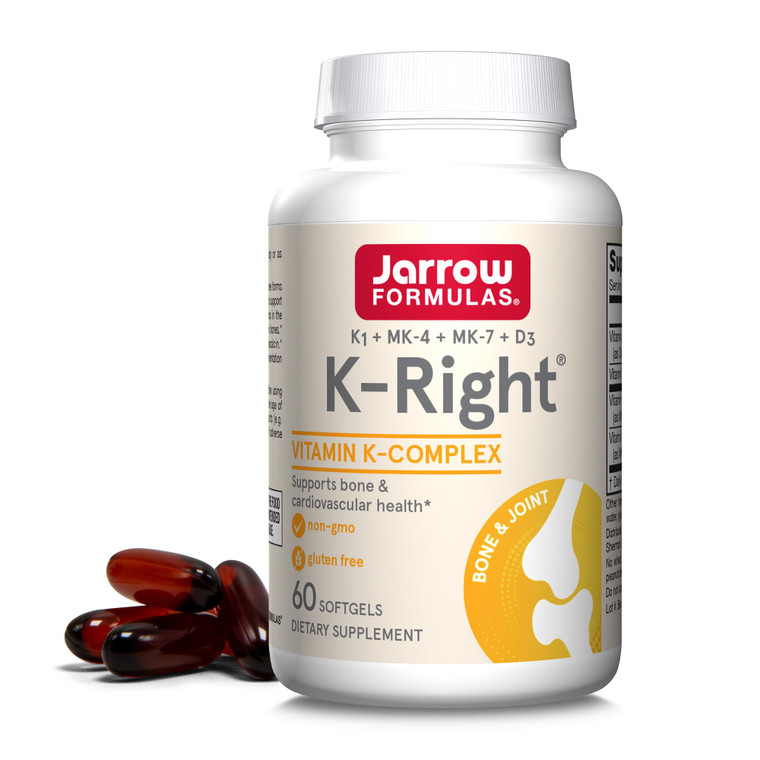 Jarrow Formulas K-Right - Vitamin K-Complex (K1, MK-4, MK-7, D3) - 60 Servings (Softgels) - Dietary Supplement for Bone & Cardiovascular Health Suppo