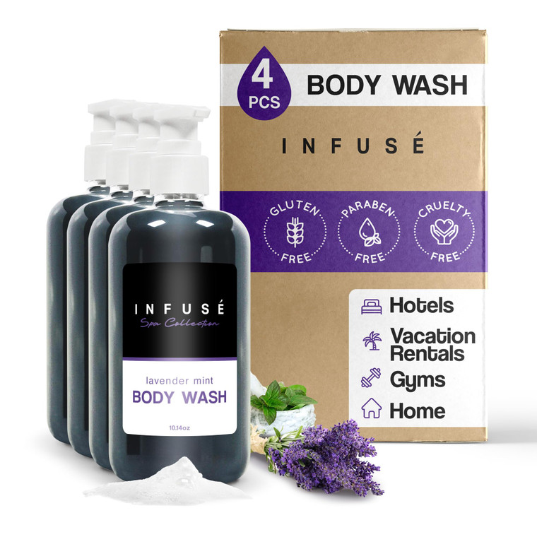 1-Shoppe All-in-Kit | Infuse Lavender Mint Body Wash | Spa Collection | Hotel Amenities in Pump Bottle | 10.14 oz. / 300 ml (4 Bottles)