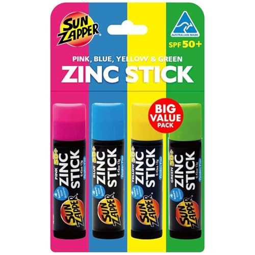 Sun Zapper Zinc Sunscreen Stick Rainbow 4-Pack SPF 50+ Pink Blue Green Yellow  Colored Mineral Sunscreen Sticks for Face, Water Resistant Sunblock f