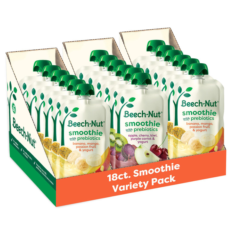 Beech-Nut Toddler Smoothies Variety Pack, Yogurt Smoothies with Prebiotics, Baby & Toddler Food Pouches, 3.5 oz (18 Pack)