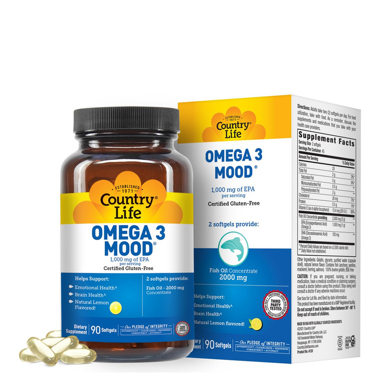 Country Life Omega 3 Mood  2000mg Fish Oil with EPA & DHA  Brain, Heart & Mood Support  Lemon Flavored, No Fishy Aftertaste  Certified Gluten Fre