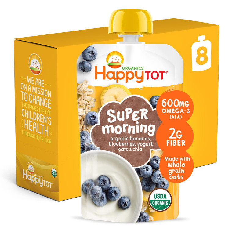 HAPPYTOT Organics Stage 4 Baby Food Pouches, Gluten Free, Super Morning Fruit & Oat Blend, Bananas, Blueberries, Yogurt, Oats & Chia, 4 Oz (Pack of 8
