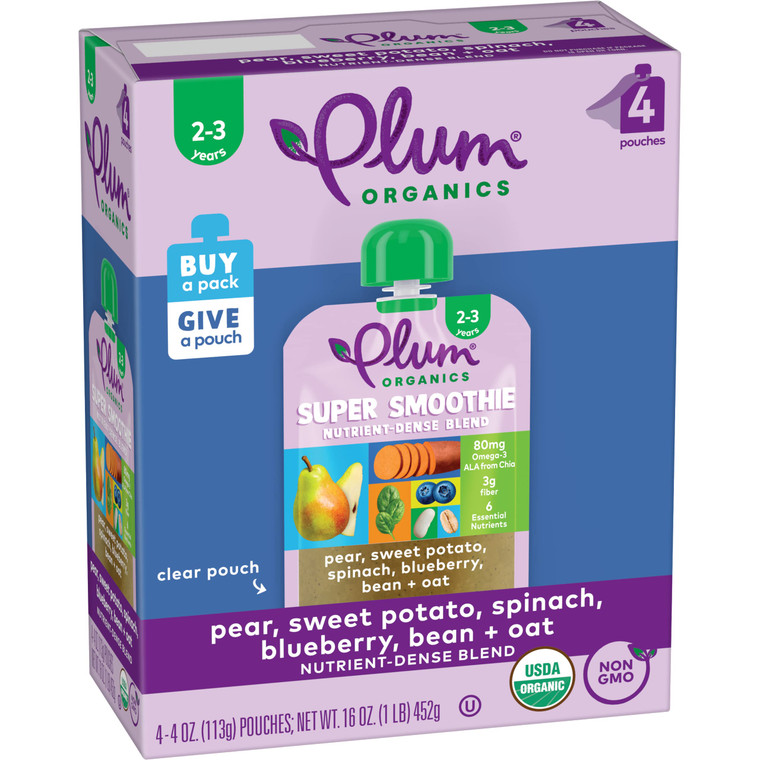 Plum Organics Super Smoothie Organic Toddler Food - Pear, Sweet Potato, Spinach, Blueberry, Bean, and Oat - 4 oz (Pack of 4)