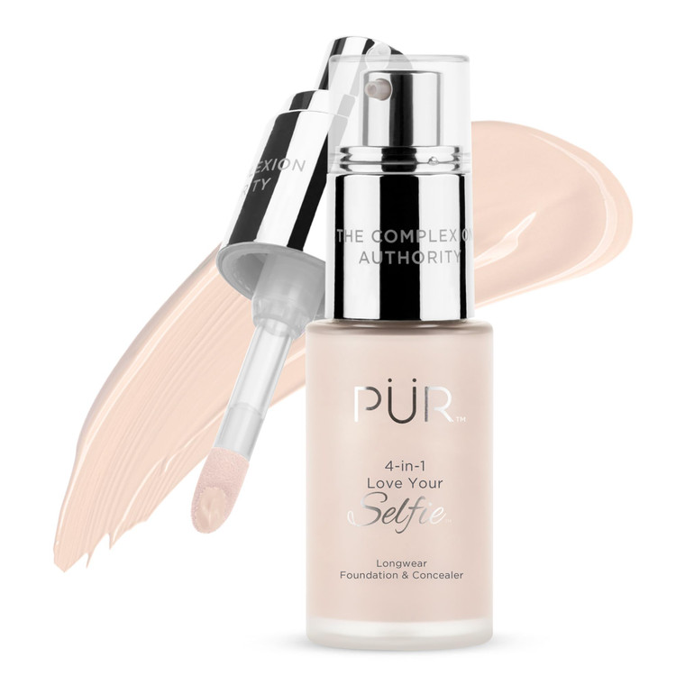 PÜR MINERALS 4-in-1 Love Your Selfie Longwear Foundation & Concealer, Full Coverage Liquid Foundation, Hydrating Formula, Cruelty Free