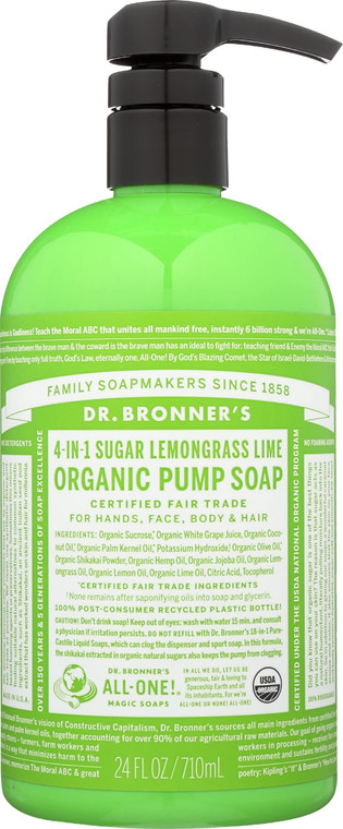 Dr. Bronner's Organic 4-in-1 Sugar Lemongrass Lime Pump Liquid Soap, Vegan, Non GMO, 24 Fluid Ounce (Pack Of 1)