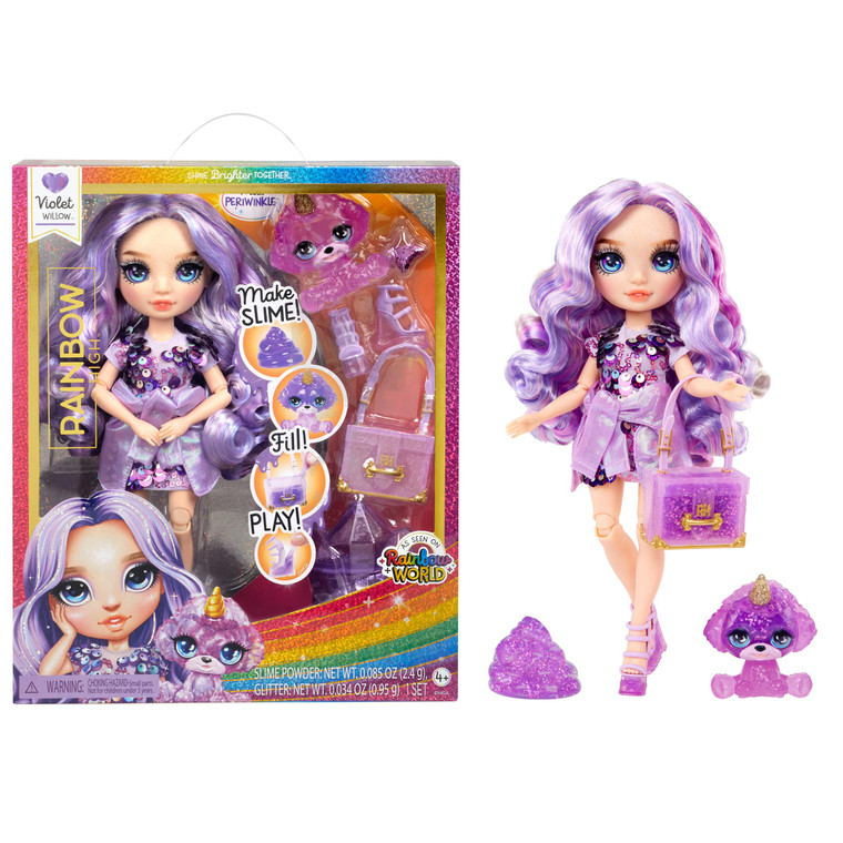 Rainbow High Violet, Purple with Slime Kit & Pet, 11" Shimmer Posable Fashion Doll with DIY Sparkle Slime, Magical Yeti Pet, Fun Play Accessories, Gr