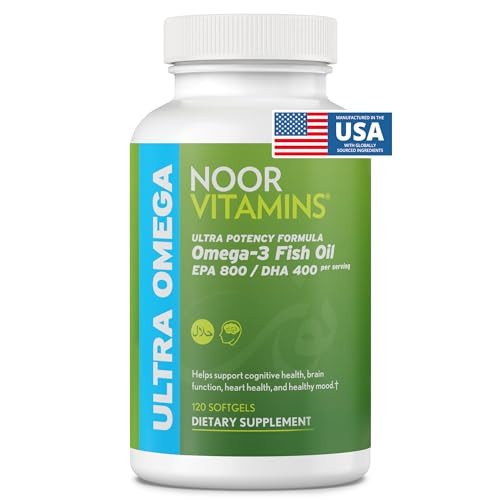 Noor Vitamins Halal Fish Oil, Halal Vitamins, Ultra Omega 3 Wild Peruvian Fish (800 mg EPA & 400 mg DHA) Heart, Brain & Joint Support, Non-GMO and Gl