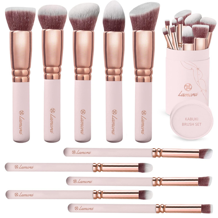 Kabuki Makeup Brush Set - Foundation Powder Blush Concealer Contour Brushes - Perfect for Liquid, Cream or Mineral Products - 10 Pc Collection with P
