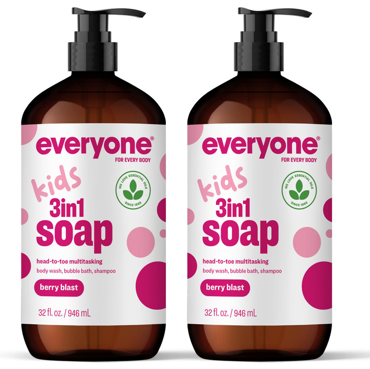 Everyone 3-in-1 Kids Soap, Body Wash, Bubble Bath, Shampoo, 32 Ounce (Pack of 2), Berry Blast, made with Essential Oils for Toddlers, tweens and teen