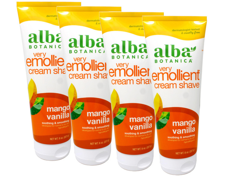 Alba Botanical Mango Vanilla Very Emollient Cream Shave, 8 Ounce Tubes (Pack of 4)