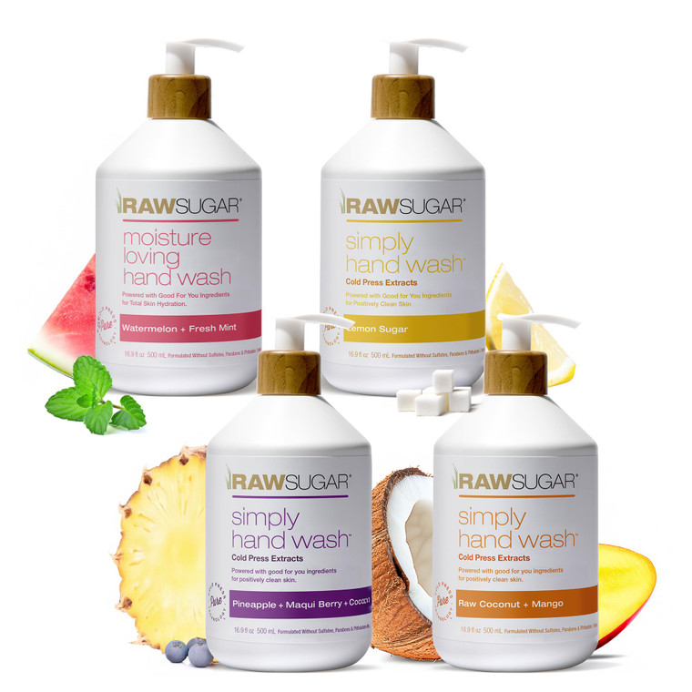 RAW SUGAR Hand Wash Variety Bundle - Lemon Sugar, Watermelon + Fresh Mint, Pineapple + Maqui Berry + Coconut & Raw Coconut + Mango, Formulated withou