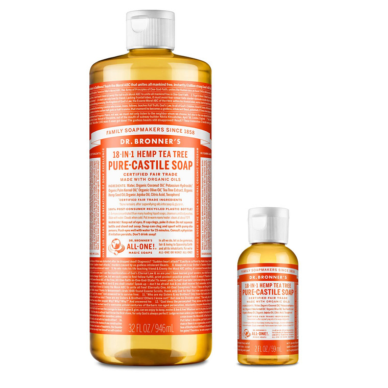 Dr. Bronner's Pure-Castile Liquid Soap  Tea Tree Bundle. 32 oz. Bottle and 2 oz. Travel Bottle