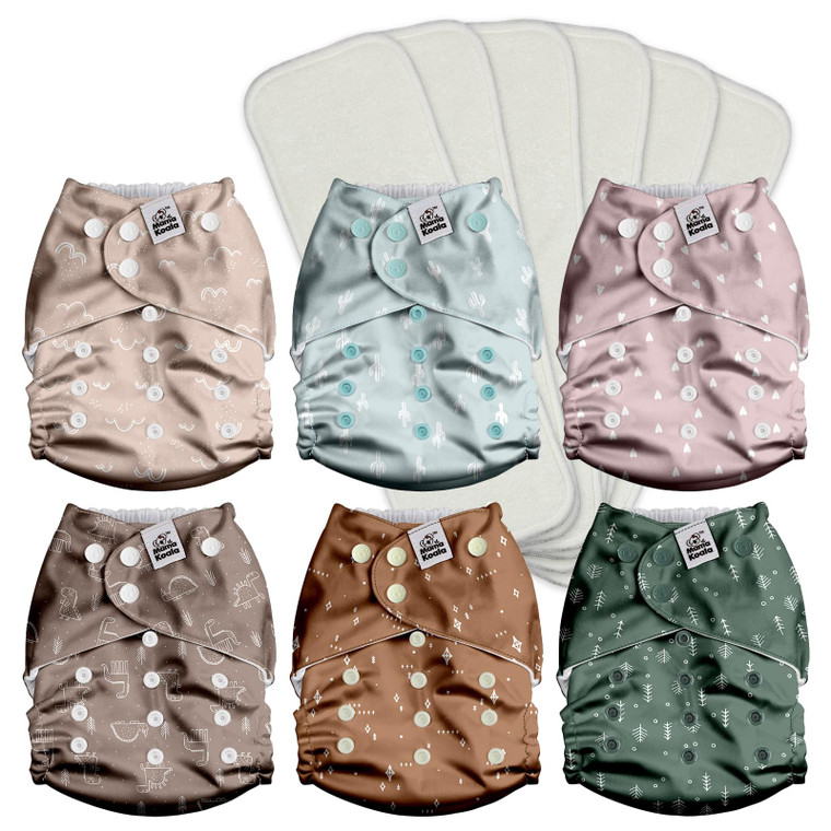 Mama Koala 3.0 Pocket Cloth Diapers for Babies with AWJ Lining, 6 Pack with 6 4-Layer Natural Cloth Diaper Inserts - Reusable and Washable Pocket Dia