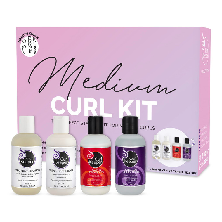 Curl Keeper Medium Curl Starter Kit for Curly Hair - Travel Size Set Includes Original Liquid Styler, Treatment Shampoo, Cream Conditioner & Leave-In