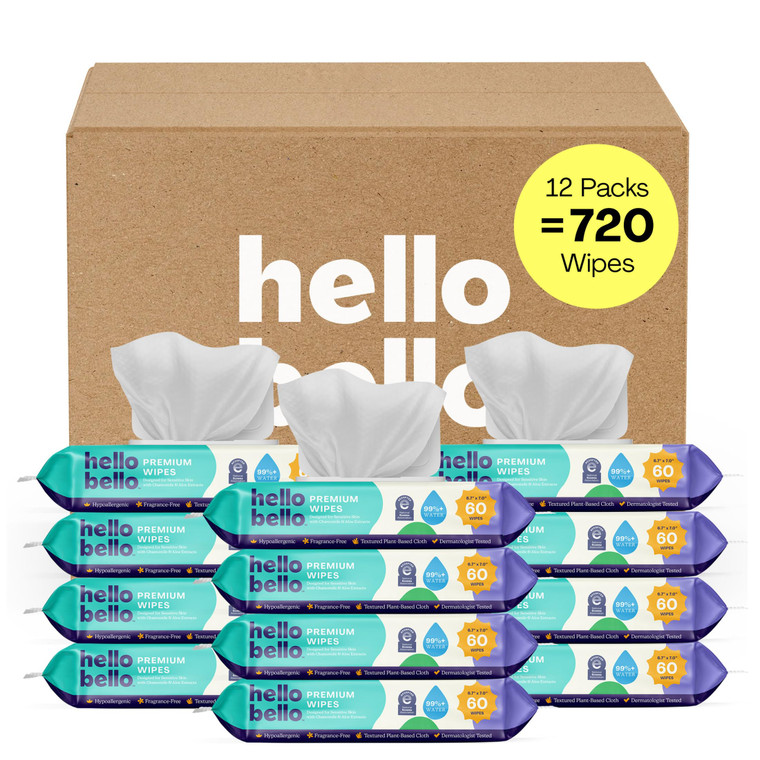 Hello Bello Extra Gentle Unscented Baby Wipes, Plant Based, Made with 99% Water and Aloe for Babies and Kids, 720 Count