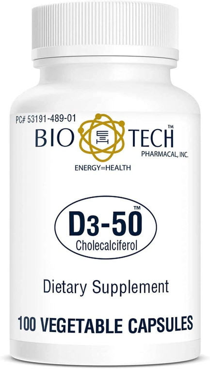 Bio-Tech Pharmacal D3-50 50,000 IU, 100 Vegetable Capsules  All-Natural Supplement  Supports Bone & Immune Health  No Dairy, Fish, Gluten, Peanut,