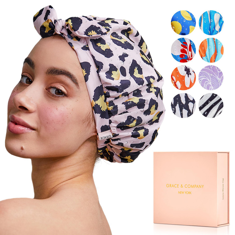 GRACE & COMPANY Luxury Shower Cap For Women - 100% Waterproof, Reusable, Washable & Breathable Shower Caps - Lucie