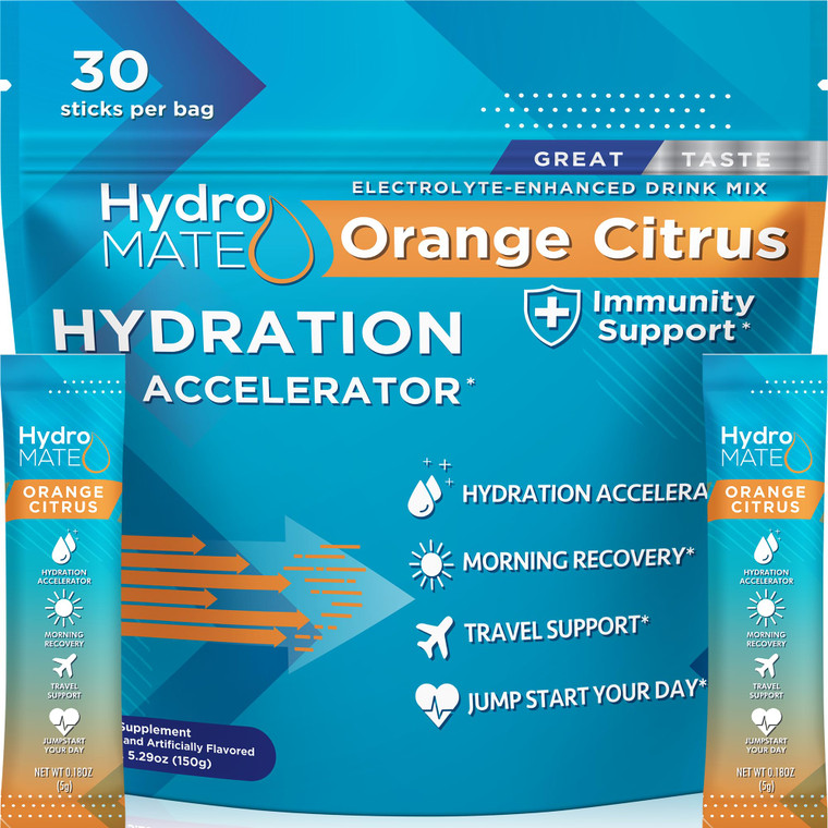 HydroMATE Electrolytes Powder with Low Sugar - 30 Count Instant Hydration Packets with Vitamin C Orange to Boost Energy - Low Sugar Electrolytes Powd