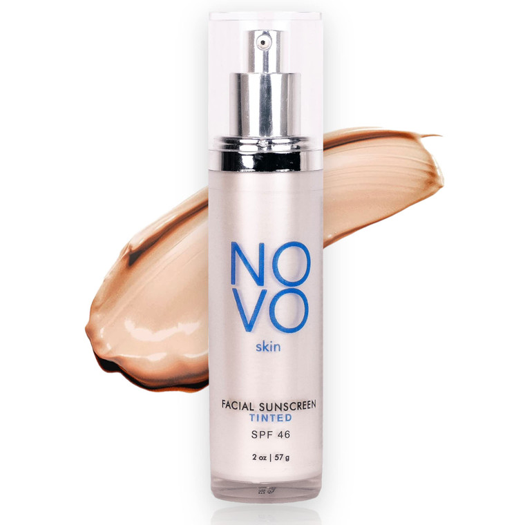 NOVO skin Tinted Moisturizer - SPF 46 - 2.0 fl oz - Primer + Broad Spectrum Face Sunscreen - Adds instant Glow - Filters Blue light - Hyaluronic acid