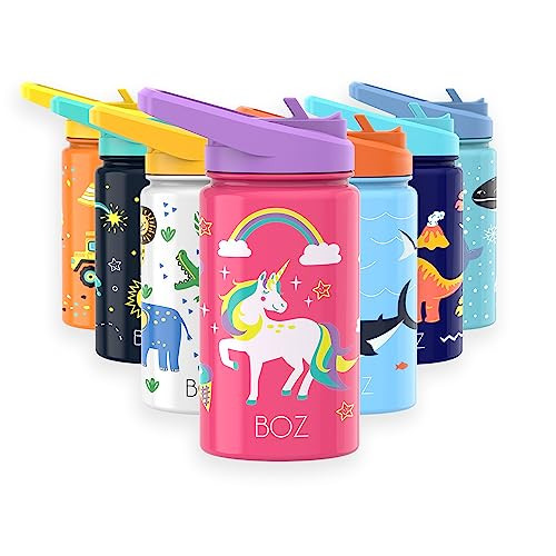 BOZ Kids Insulated Water Bottle with Straw Lid, Stainless Steel Vacuum Double Wall Water Cup, 14 oz (414ml). Scratch-resistant Cute Print and Carry H
