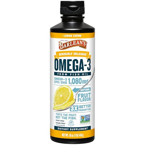 Barlean's Omega 3 Fish Oil Liquid Supplement for Men and Women, 1080mg of EPA and DHA Fatty Acid, Promotes Brain & Heart Health - Non-GMO, Lemon Crèm