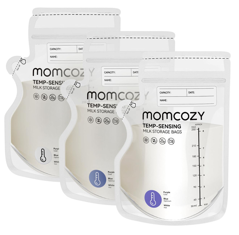 Momcozy Easy Pour Breastmilk Storage Bag, 8Oz, Temp-Sensing Color Change, 120 Count Milk Bag with Self Standing for Breastfeeding, No Leak Presterili