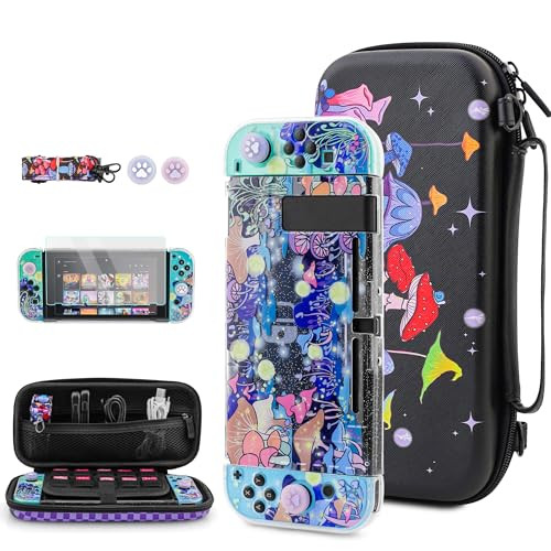 FUNDIARY Black Carrying Case for Nintendo Switch, Cute Mushroom Accessories Bundle for Switch Console with Travel Case Pouch, Dockable Protective Cov