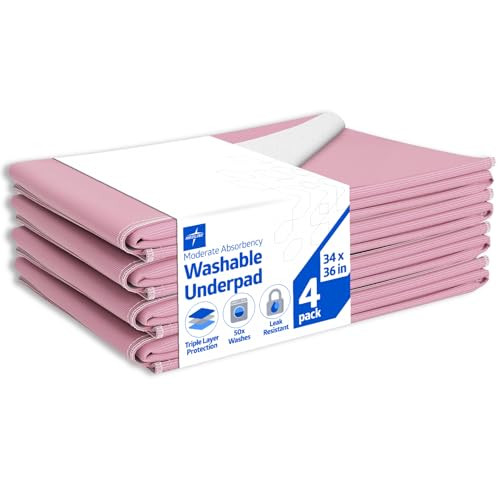 Medline Washable Bed Pads for Incontinence, Large 34 x 36 inch Reusable Underpads, 4 Pack, Pee Pads for Dogs, Adults, Kids and Baby, Pink Sofnit 300