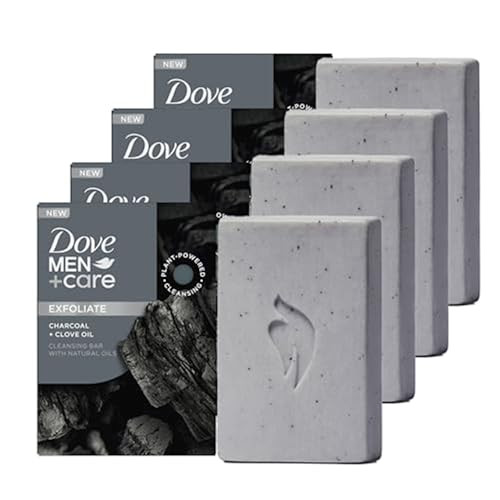 DOVE MEN + CARE Cleansing Bar Soap Charcoal + Clove Oil 4 Count to Rebuild Skin in the Shower, a 4in1 Hair, Body, Face & Shaving Bar with Plant-Based