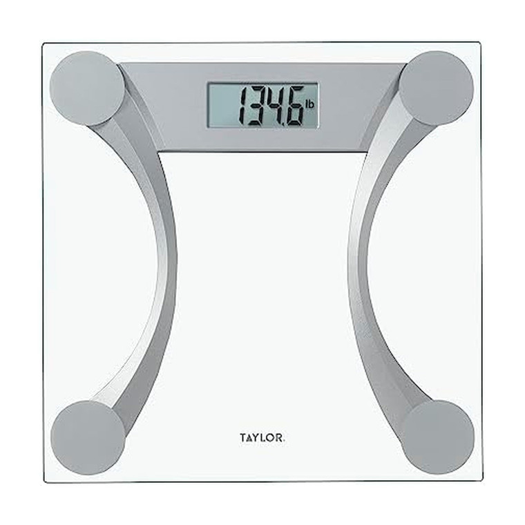 Taylor 400 Lb. Capacity Clear Glass Digital Bathroom Scale with Metallic Accents, 11.8-inch x 11.8-inch Platform, Silver