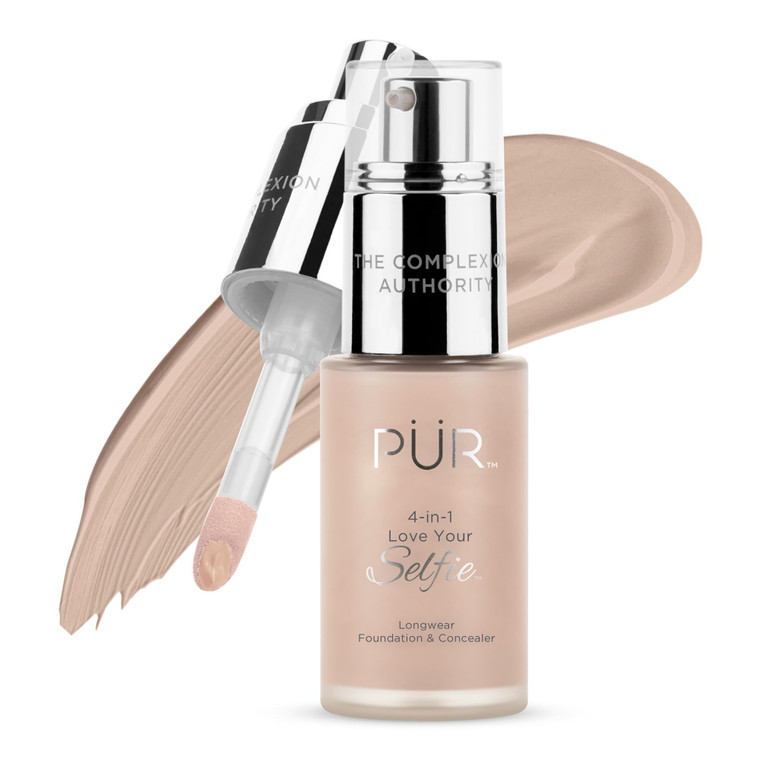 PÜR MINERALS 4-in-1 Love Your Selfie Longwear Foundation and Concealer - Unique, Dual-Applicator Component - Covers Blemishes and Imperfection - Redu