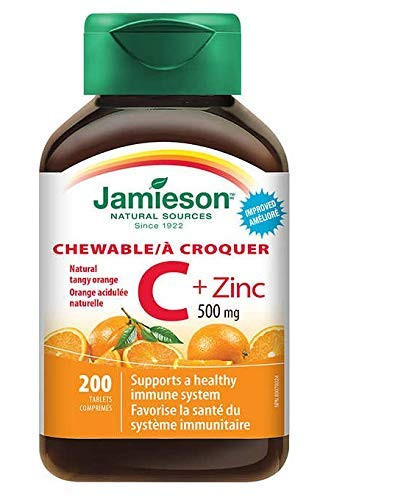 Jamieson Chewable Vitamin C 500mg + Zinc, Natural Tangy Orange, 200 Tablets
