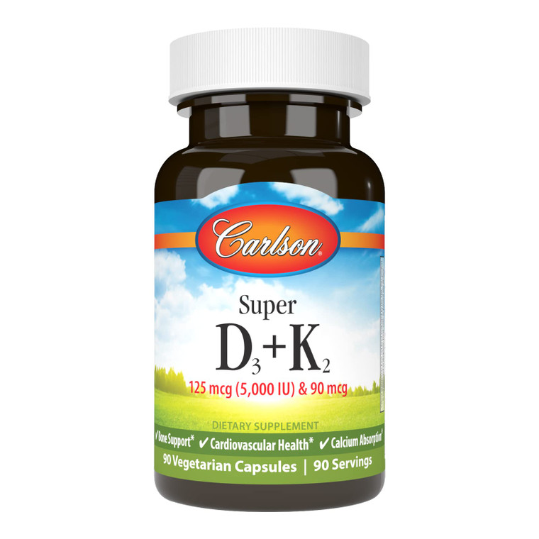 Carlson - Super D3 + K2, 125 mcg (5000 IU) Vitamin D3, 90 mcg Vitamin K2 as MK-7, Bone Support, Calcium Absorption, 90 Vegetarian Capsules