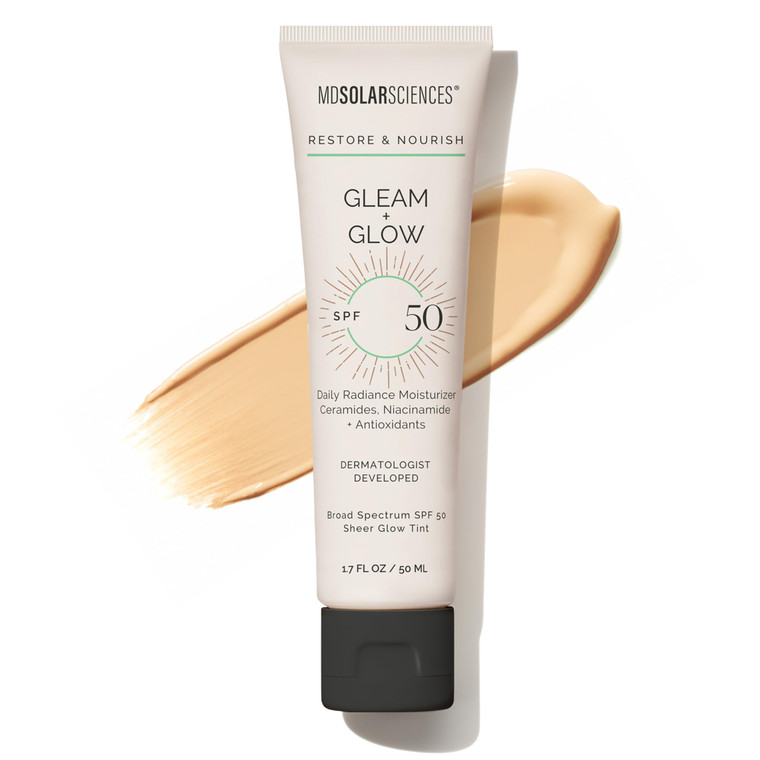MDSolarSciences Gleam + Glow Sunscreen SPF 50 | Sheer Glow Tinted Moisturizer with Broad Spectrum UV Protection | Infused with Antioxidants, Ceramide