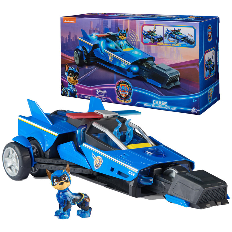 Paw Patrol: The Mighty Movie, Chase's Mighty Transforming Cruiser with Mighty Pups Action Figure, Lights and Sounds, Kids Toys for Boys & Girls 3+