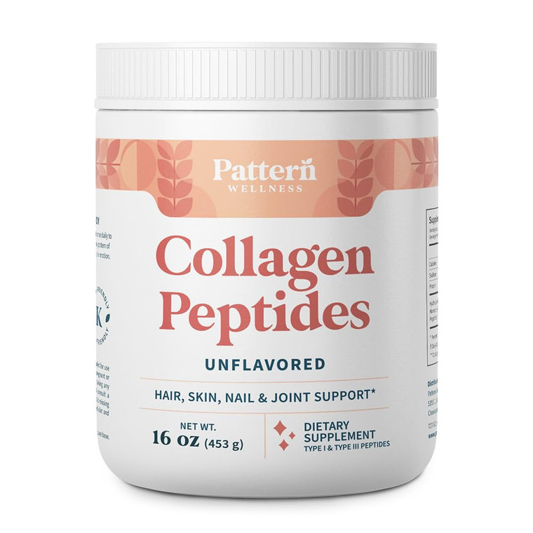Pattern Wellness Collagen Peptides Powder (Type I & III) - Hair, Nails, Skin & Joint Support - Grass Fed & Pasture-Raised - Hydrolyzed, Non-GMO, Dair