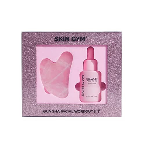 Skin Gym Rose Quartz Gua Sha & Signature Oil Kit | Holiday Radiance Boosting Duo | Facial Contouring & Skin Rejuvenation | All-in-One Exfoliating, Sm