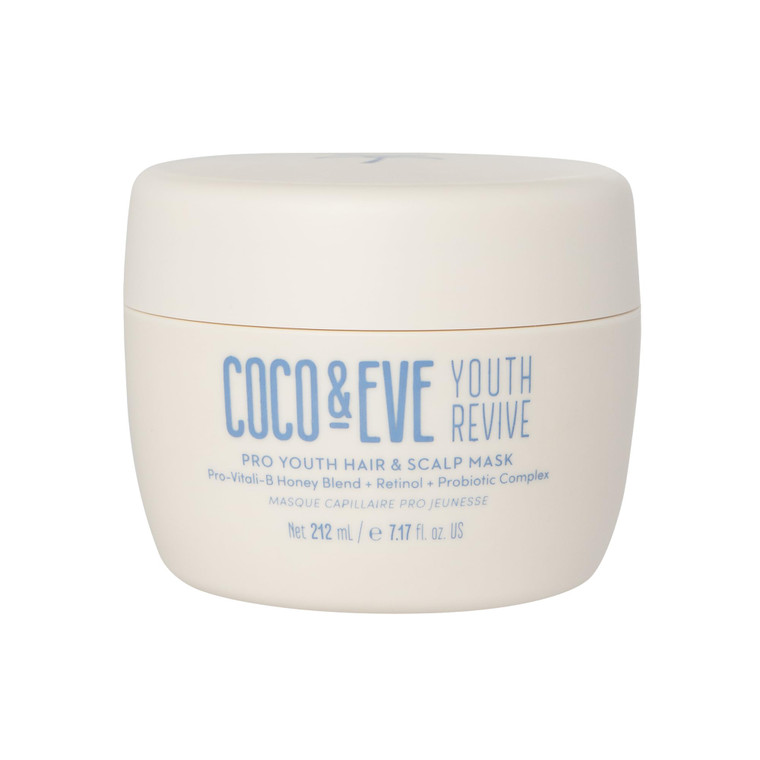 Coco & Eve Pro Youth Hair & Scalp Mask. Anti-aging, strength, shine, volume. Regulate dandruff. With honey, retinol for youthful hydrated hair.