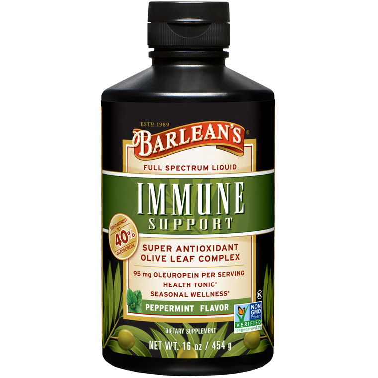 Barlean's Peppermint Olive Leaf Complex Liquid Immune Support Supplement, 95mg Oleuropein Antioxidants, 16 oz