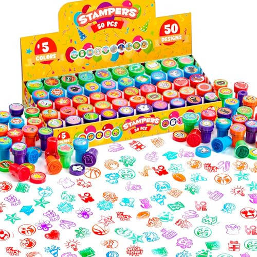 JOYIN 50 Pcs Assorted Stamps for Kids - Self-Ink Stamps with 50 Designs for Birthday Party Favor, Carnival Prizes, School Stampers, Goodie Bag, Valen